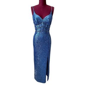 VTG NiteLine by Nandree Sequined Blue Strap Dress V Neck Slit sz 4